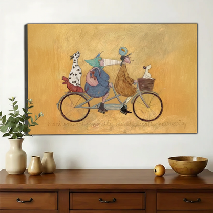 Merrily We Go Along Tandem Bicycle Wall Art – Whimsical Folk Art Canvas Print on Natural Wood Frame | W2156