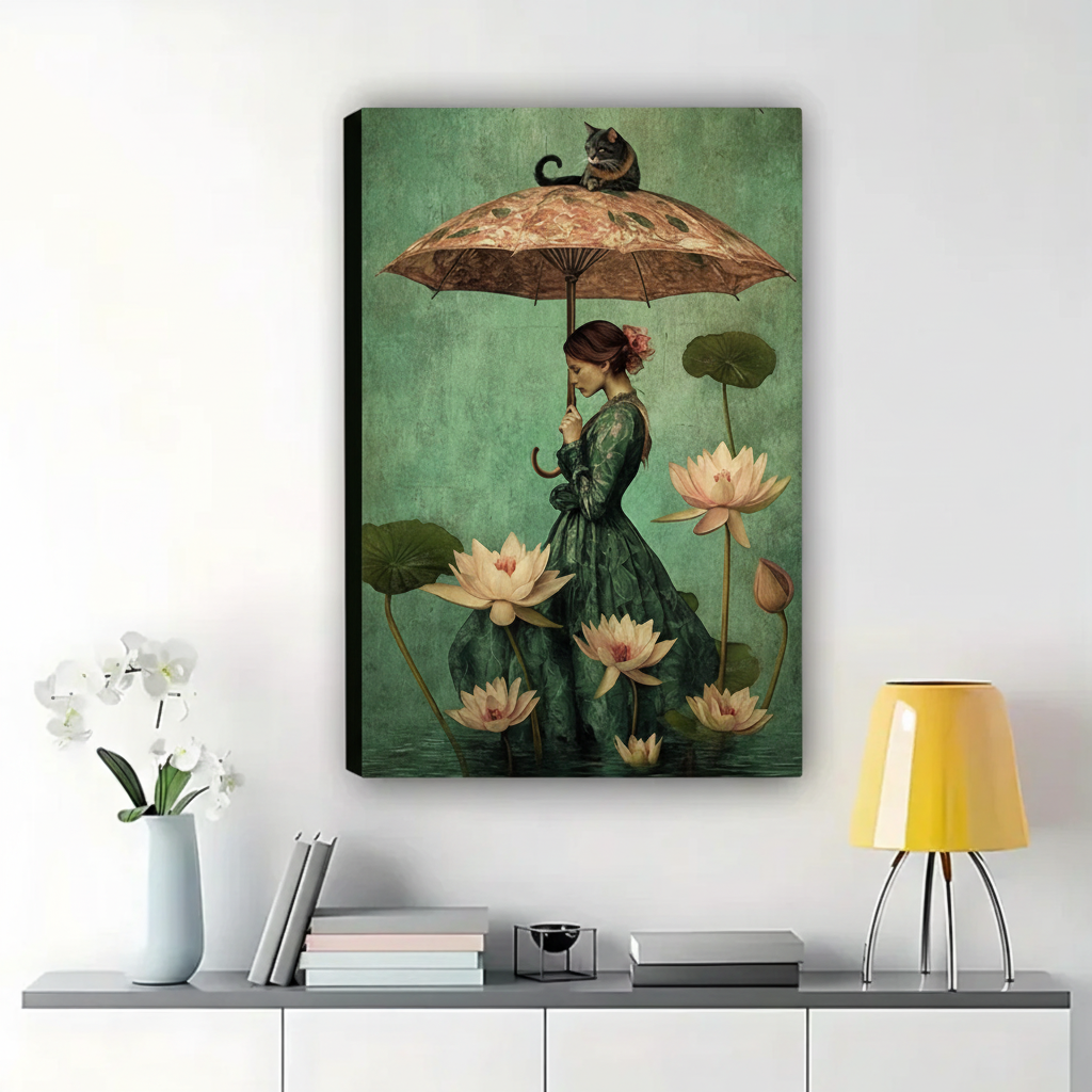 Lady with Cat Umbrella in the Lotus Pond Wall Art – Dark Romantic Oil Painting Canvas Print on Natural Wood Frame | W2207
