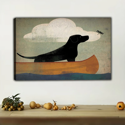 Black Lab in Canoe Wall Art - Vintage Dog Adventure Print|W1235
