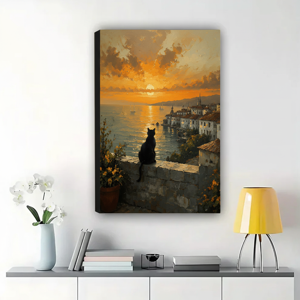 Black Cat Overlooking Mediterranean Sunset Wall Art – Golden Hour Landscape Canvas Print on Natural Wood Frame | W2280