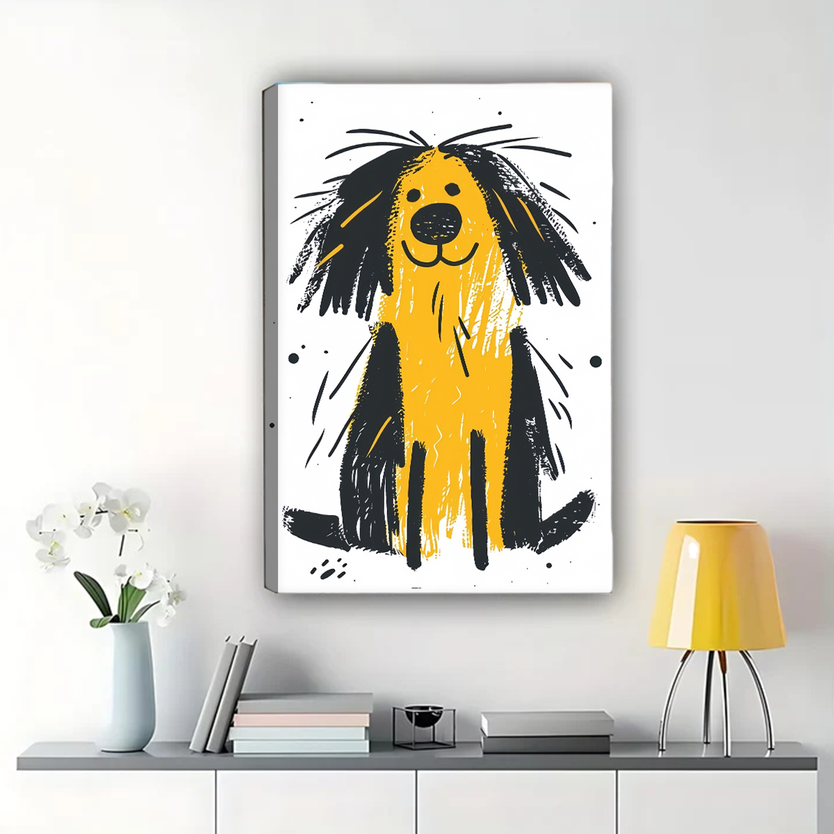 Happy Shaggy Dog Wall Art - Cheerful Yellow Black Print|W1320