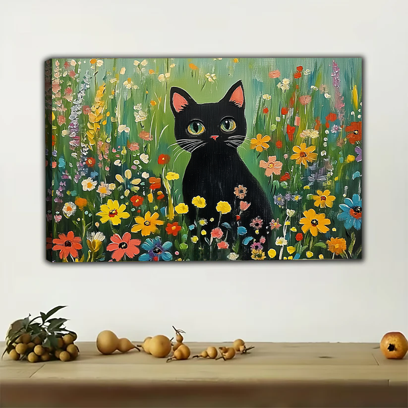Black Cat in Wildflowers Canvas Wall Art - Colorful Garden Print|W1162
