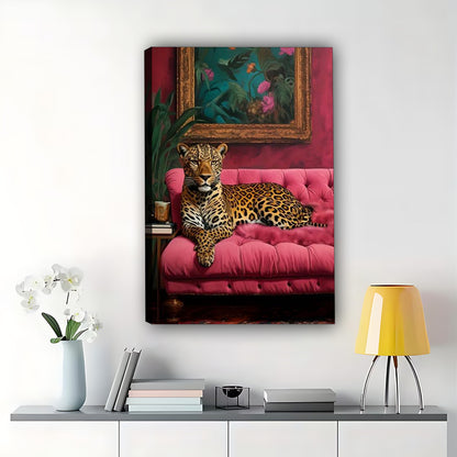 The Luxe Leopard on Pink Sofa – Retro Glam Wall Art on Natural Wood Canvas | W568
