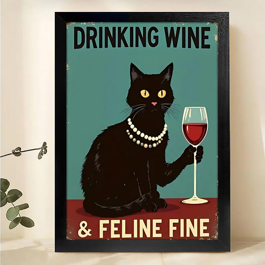 The Wine-Loving Feline Fine Cat – Retro Chic Wall Art on Natural Wood Canvas | W564