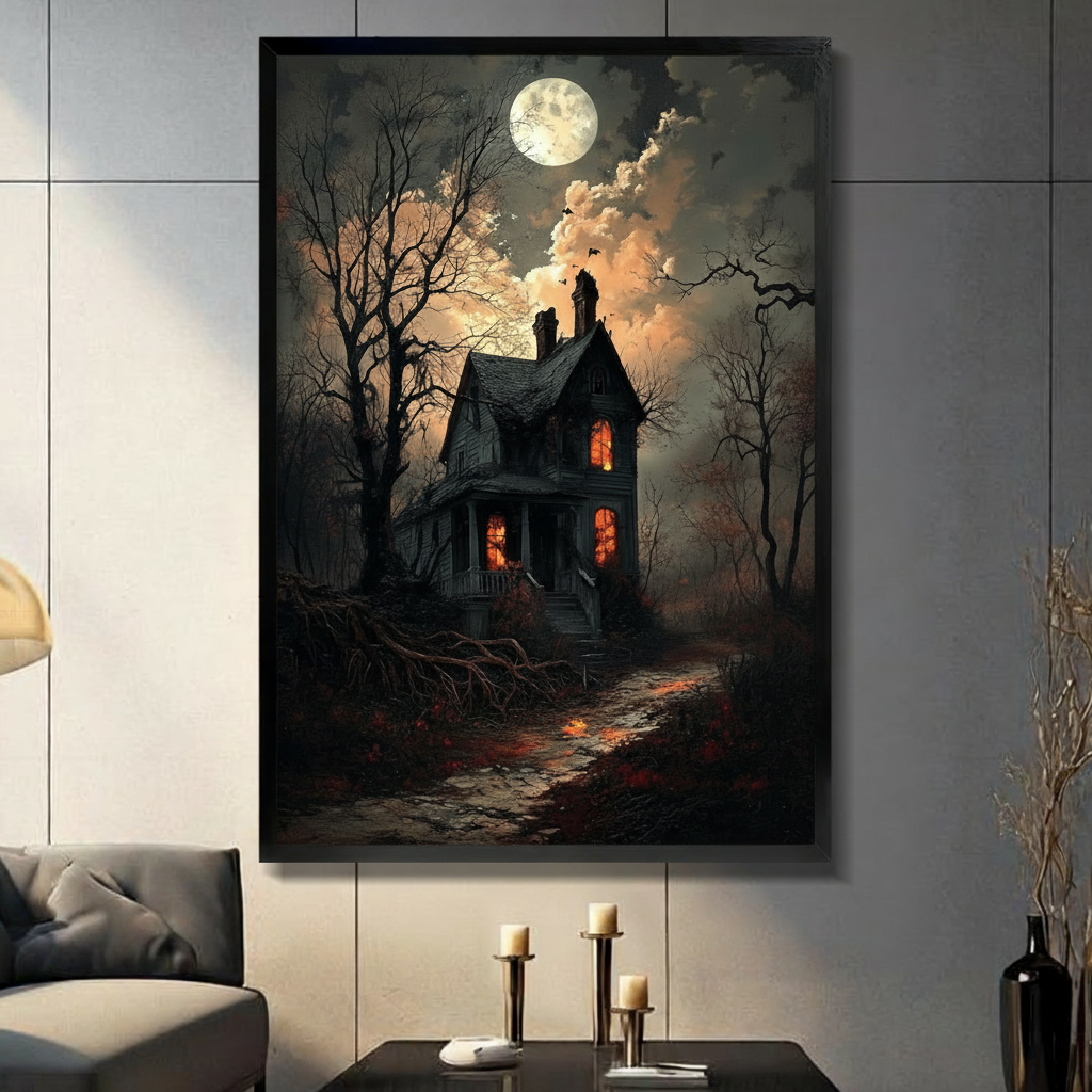 Dark gothic oil painting of a crumbling Victorian haunted house with glowing orange windows surrounded by gnarled bare trees and bats under a full moon gothic wall art framed print in living room with light gray panel wall and dark sofa