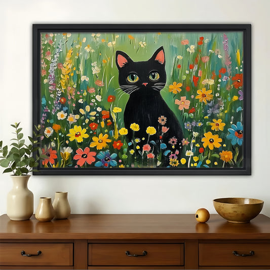 Black Cat in Wildflowers Canvas Wall Art - Colorful Garden Print|W1162