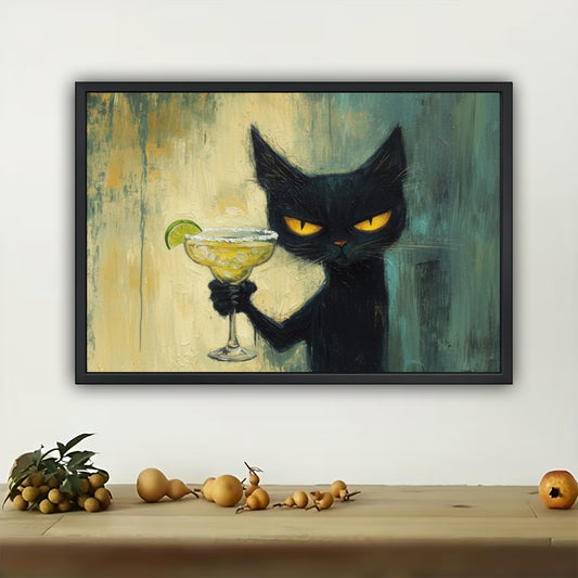 Black Cat Margarita Canvas Wall Art - Funny Cat Cocktail Print | W525