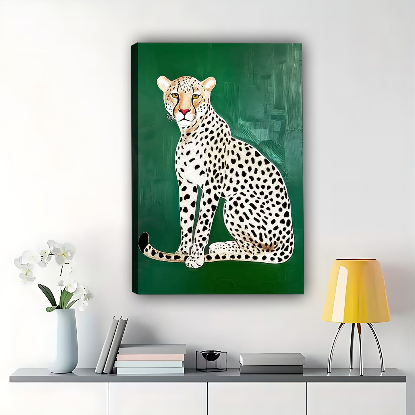 The Sleek Green-Background Leopard – Minimalist Modern Wall Art on Natural Wood Canvas | W569
