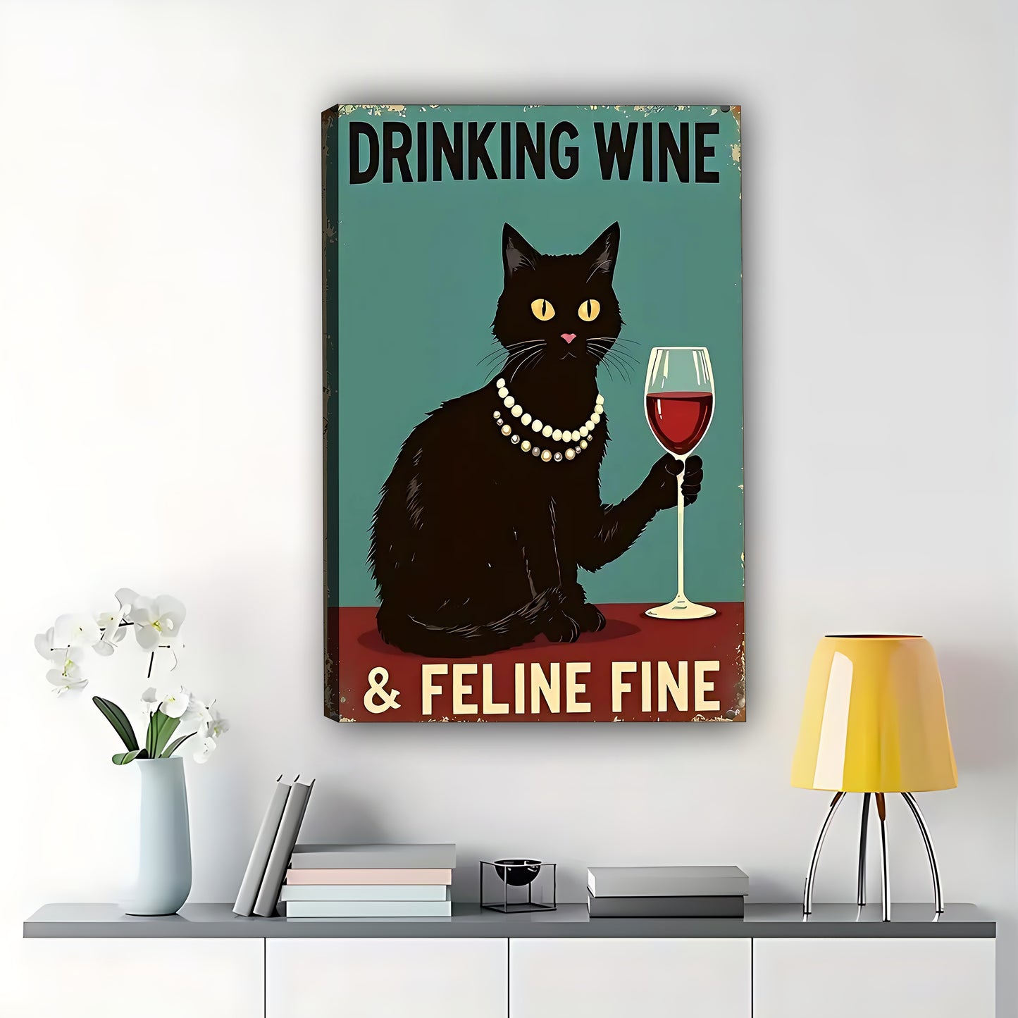 The Wine-Loving Feline Fine Cat – Retro Chic Wall Art on Natural Wood Canvas | W564