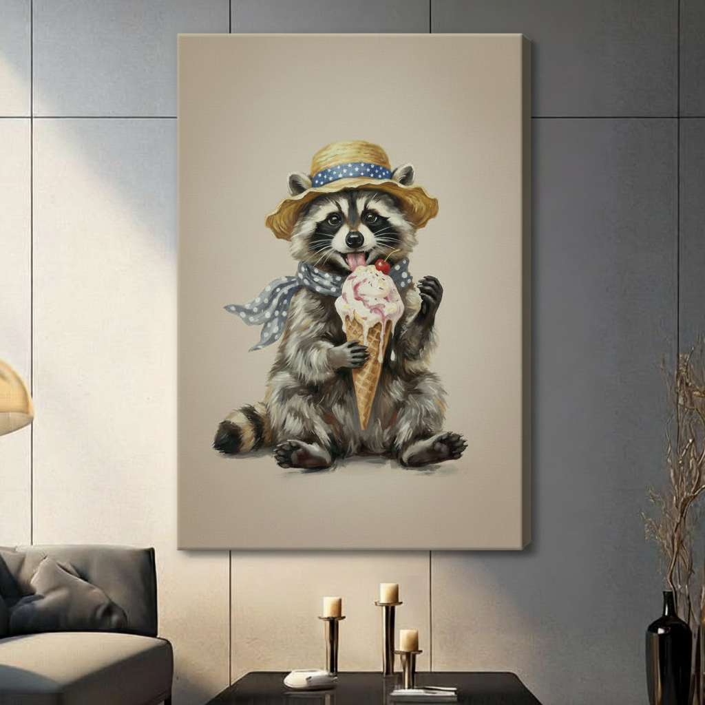 Playful vintage oil painting of a cute raccoon sitting up straight wearing a straw hat with a blue polka dot ribbon and a blue and white dotted bandana scarf clutching a giant dripping waffle cone ice cream with a pink scoop and cherry on top its mouth open and tongue out happily licking the melting ice cream detailed fluffy gray and brown fur with classic raccoon black eye mask and striped tail on a warm sandy beige background funny cottagecore raccoon ice cream art stretched canvas print hanging in a cont