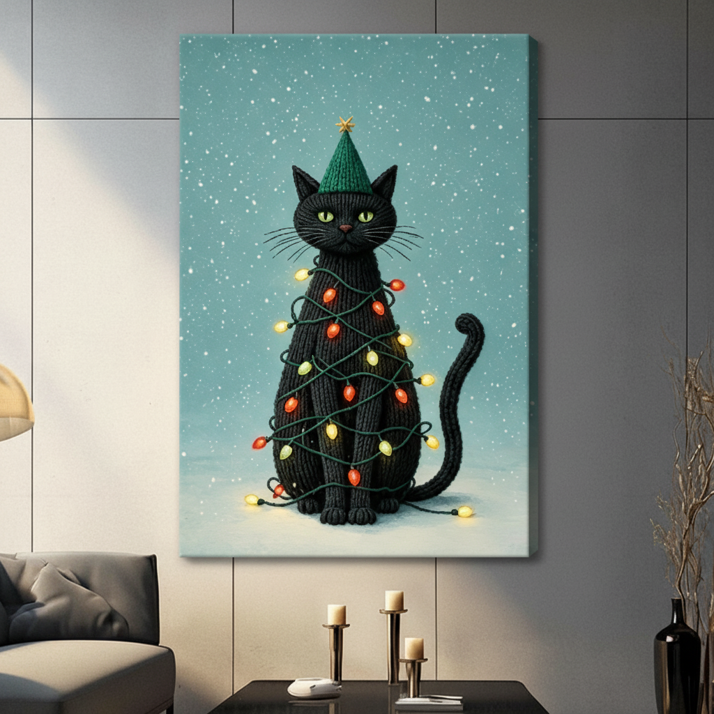 Gallery wrap stretched canvas of a round black cat with glowing green eyes wearing a knitted Christmas tree hat with a gold star topper and colorful fairy lights wrapped around its textured body on a snowy ice blue background hung frameless on a gray wall