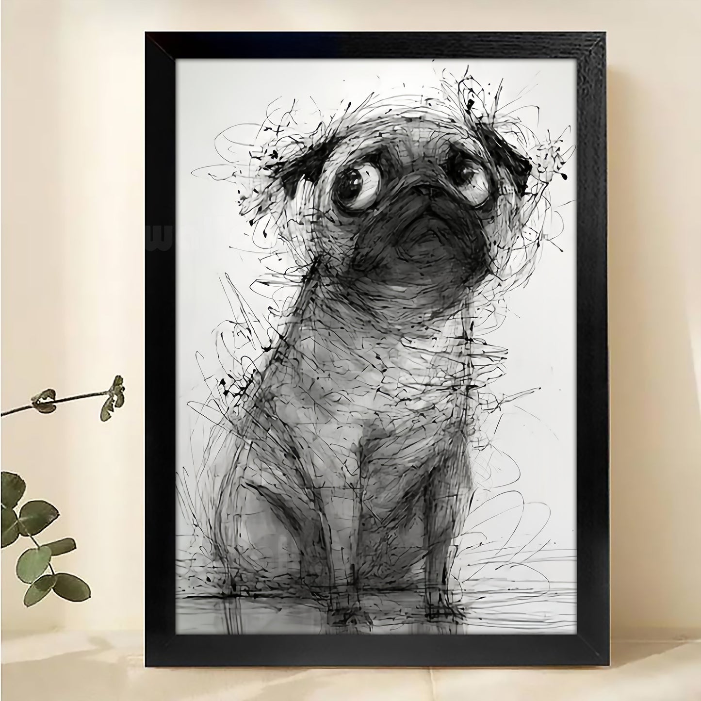 The Sketch-Style Pug – Minimalist Line Art Wall Art on Natural Wood Canvas | W618