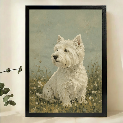 West Highland Terrier in the Meadow Wall Art – Vintage Oil Painting Dog Canvas Print on Natural Wood Frame | W2274