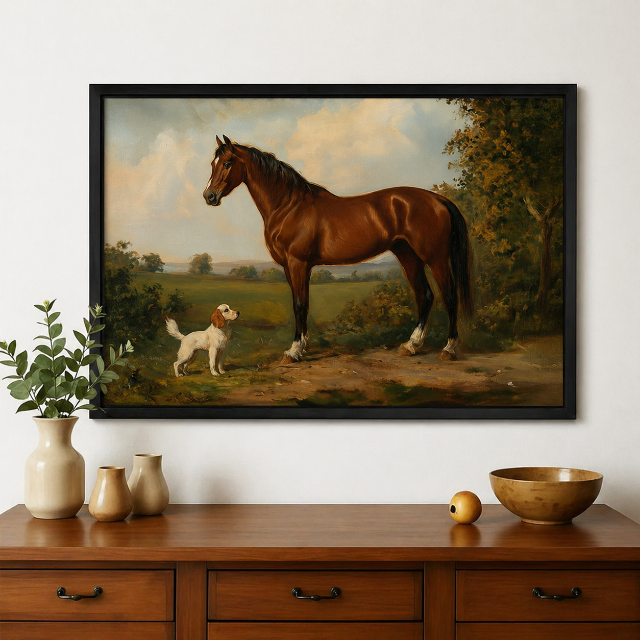 Chestnut Horse & Spaniel in the English Countryside Wall Art – Classic Equestrian Oil Painting Canvas Print on Natural Wood Frame | W2208