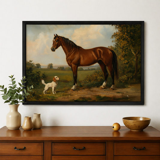 Chestnut Horse & Spaniel in the English Countryside Wall Art – Classic Equestrian Oil Painting Canvas Print on Natural Wood Frame | W2208