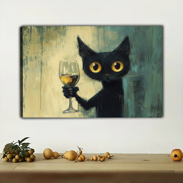 Surprised Black Cat Wine Canvas Art - Quirky Cat Wall Decor | W526