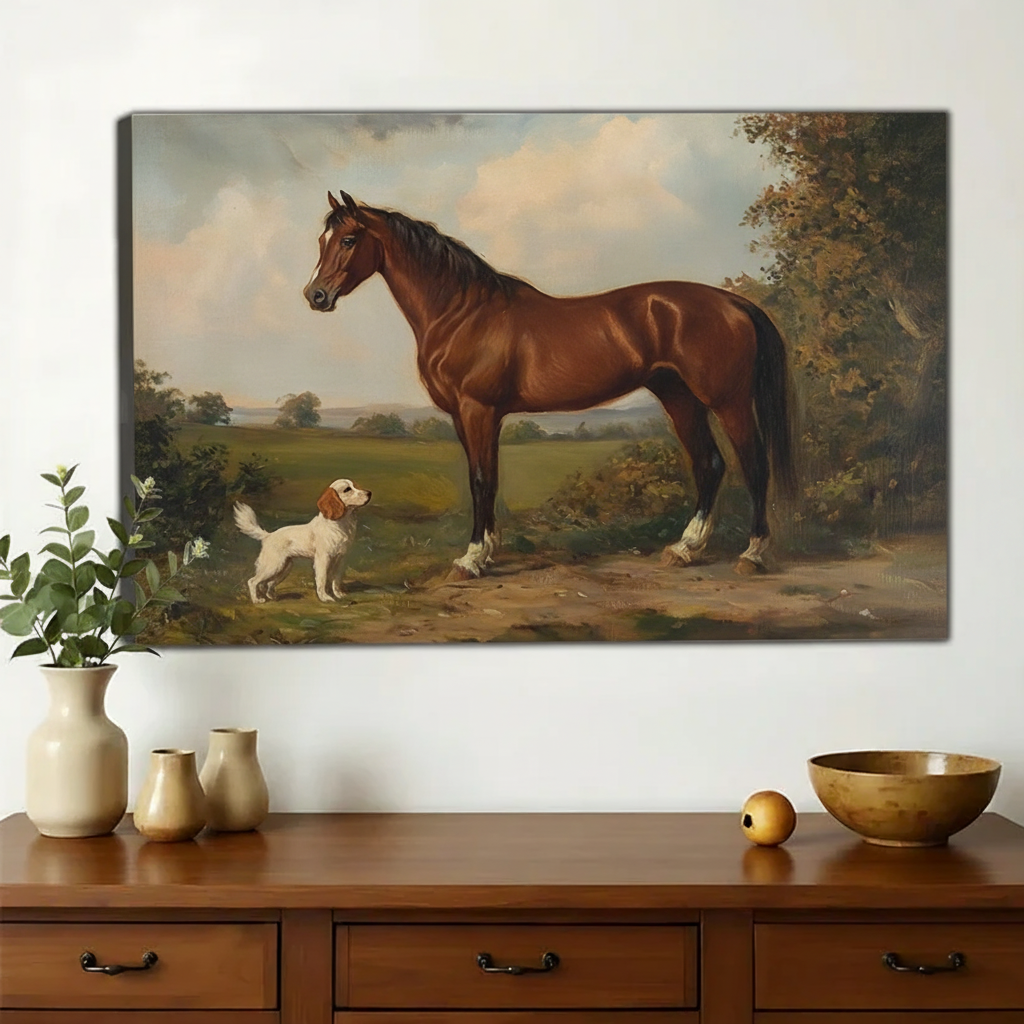 Chestnut Horse & Spaniel in the English Countryside Wall Art – Classic Equestrian Oil Painting Canvas Print on Natural Wood Frame | W2208