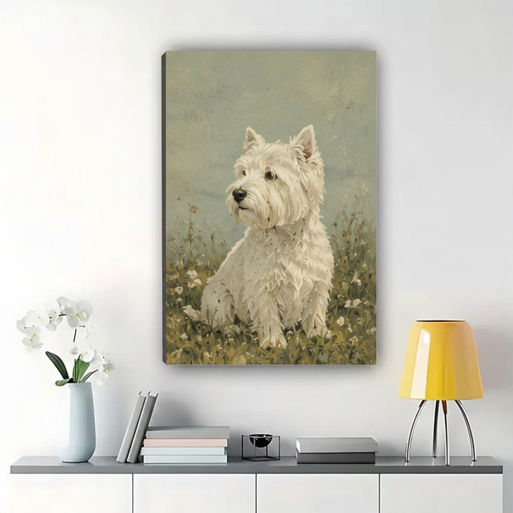 West Highland Terrier in the Meadow Wall Art – Vintage Oil Painting Dog Canvas Print on Natural Wood Frame | W2274
