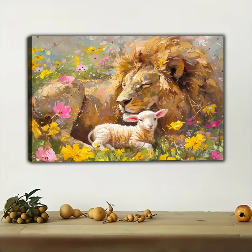 Lion and Lamb in Wildflowers Canvas Wall Art - Peaceful Animal Print|W1163