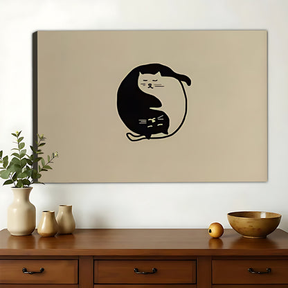 Yin-Yang Cat – Minimalist Zen Wall Art on Natural Wood Canvas | W863