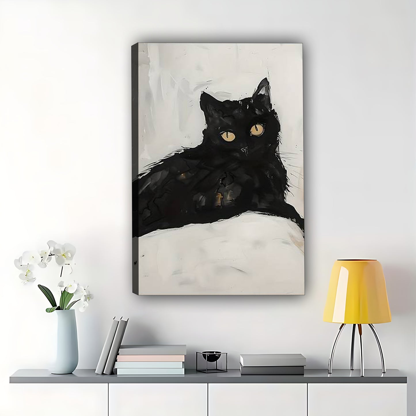 The Lazy Monochrome Black Cat – Minimalist Art Wall Decor on Natural Wood Canvas | W570