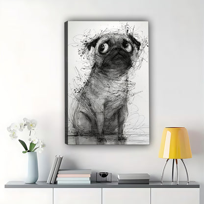 The Sketch-Style Pug – Minimalist Line Art Wall Art on Natural Wood Canvas | W618
