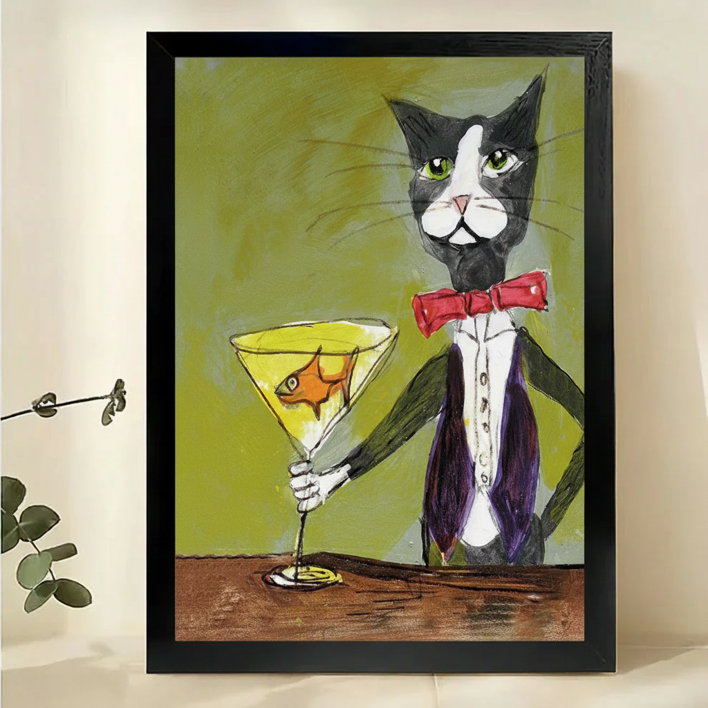 Tuxedo Cat with Goldfish Martini Wall Art – Whimsical Dark Luxury Cat Canvas Print on Natural Wood Frame | W2318