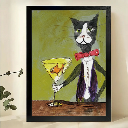 Tuxedo Cat with Goldfish Martini Wall Art – Whimsical Dark Luxury Cat Canvas Print on Natural Wood Frame | W2318