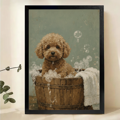 Fluffy Puppy in a Bubble Bath Wall Art – Charming Vintage Dog Canvas Print on Natural Wood Frame | W2275