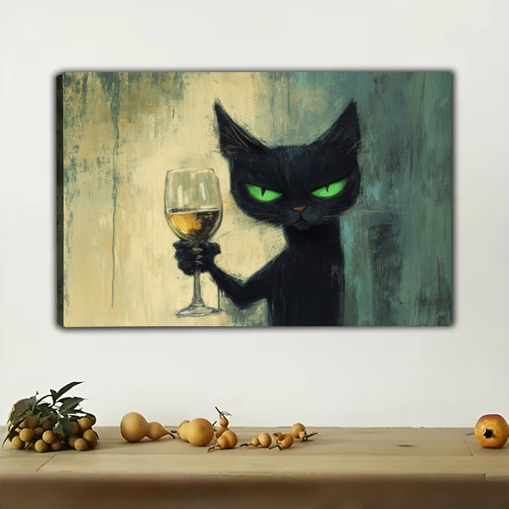 Mysterious Black Cat Wine Art Print - Elegant Feline Canvas Decor | W527