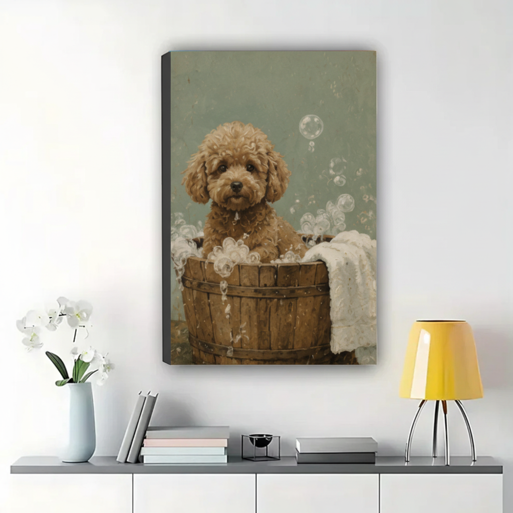 Fluffy Puppy in a Bubble Bath Wall Art – Charming Vintage Dog Canvas Print on Natural Wood Frame | W2275