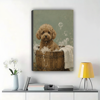 Fluffy Puppy in a Bubble Bath Wall Art – Charming Vintage Dog Canvas Print on Natural Wood Frame | W2275
