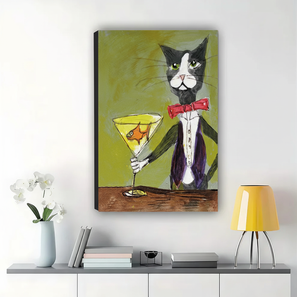 Tuxedo Cat with Goldfish Martini Wall Art – Whimsical Dark Luxury Cat Canvas Print on Natural Wood Frame | W2318