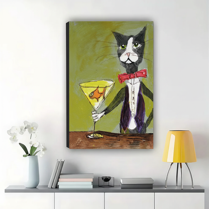 Tuxedo Cat with Goldfish Martini Wall Art – Whimsical Dark Luxury Cat Canvas Print on Natural Wood Frame | W2318