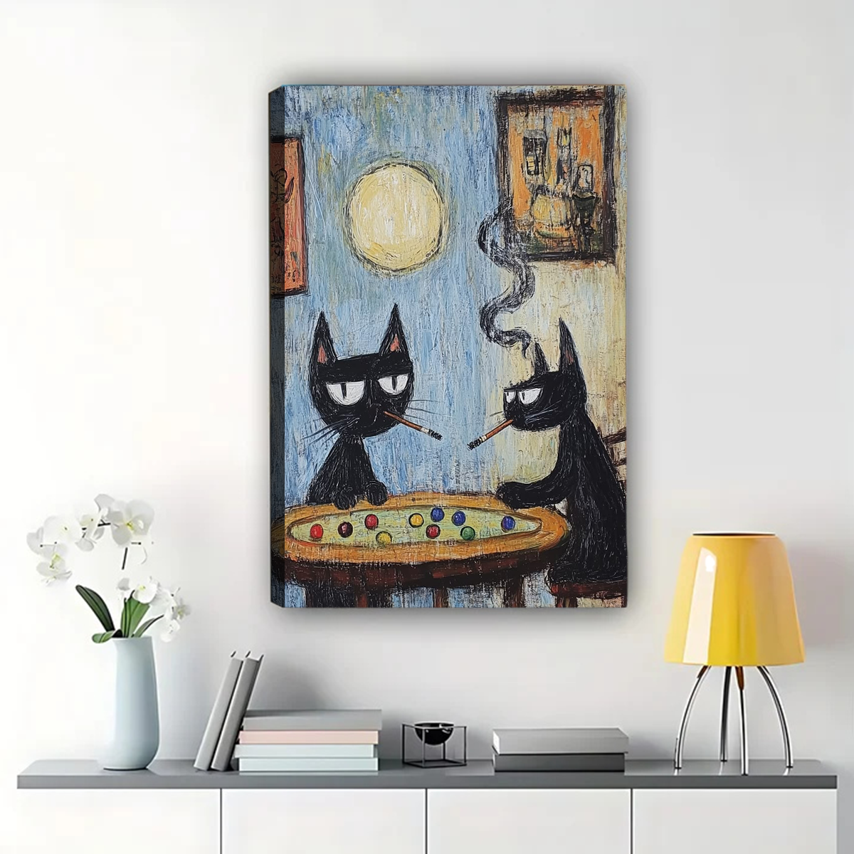 Two Black Cats Smoking Wall Art - Quirky Vintage Cat Canvas Print|W1331