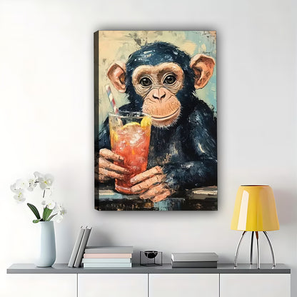 The Retro Beverage-Holding Chimp – Playful Vintage Wall Art on Natural Wood Canvas | W571