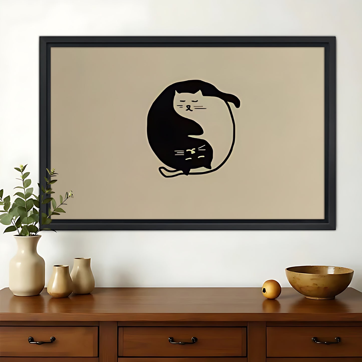 Yin-Yang Cat – Minimalist Zen Wall Art on Natural Wood Canvas | W863