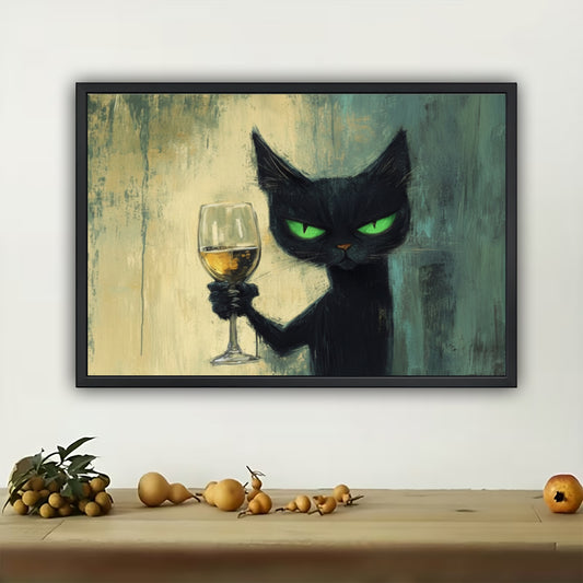 Mysterious Black Cat Wine Art Print - Elegant Feline Canvas Decor | W527