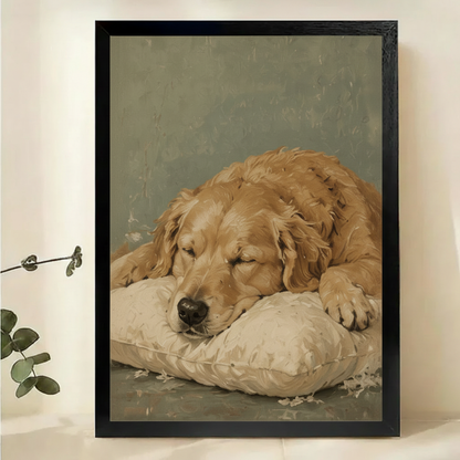 Sleeping Golden Retriever Wall Art – Serene Vintage Oil Painting Dog Canvas Print on Natural Wood Frame | W2276
