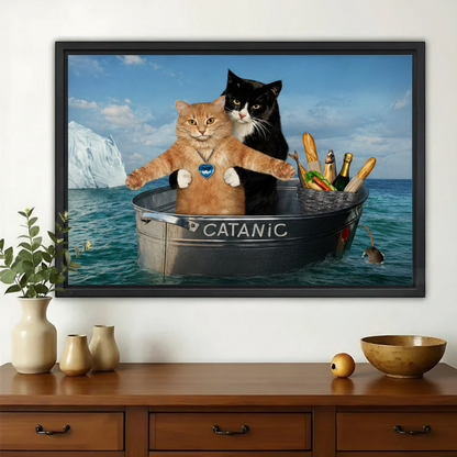 Funny “Catanic” Cat Boat Wall Art – Humorous Ocean Adventure Cat Canvas Print on Natural Wood Frame | W2209