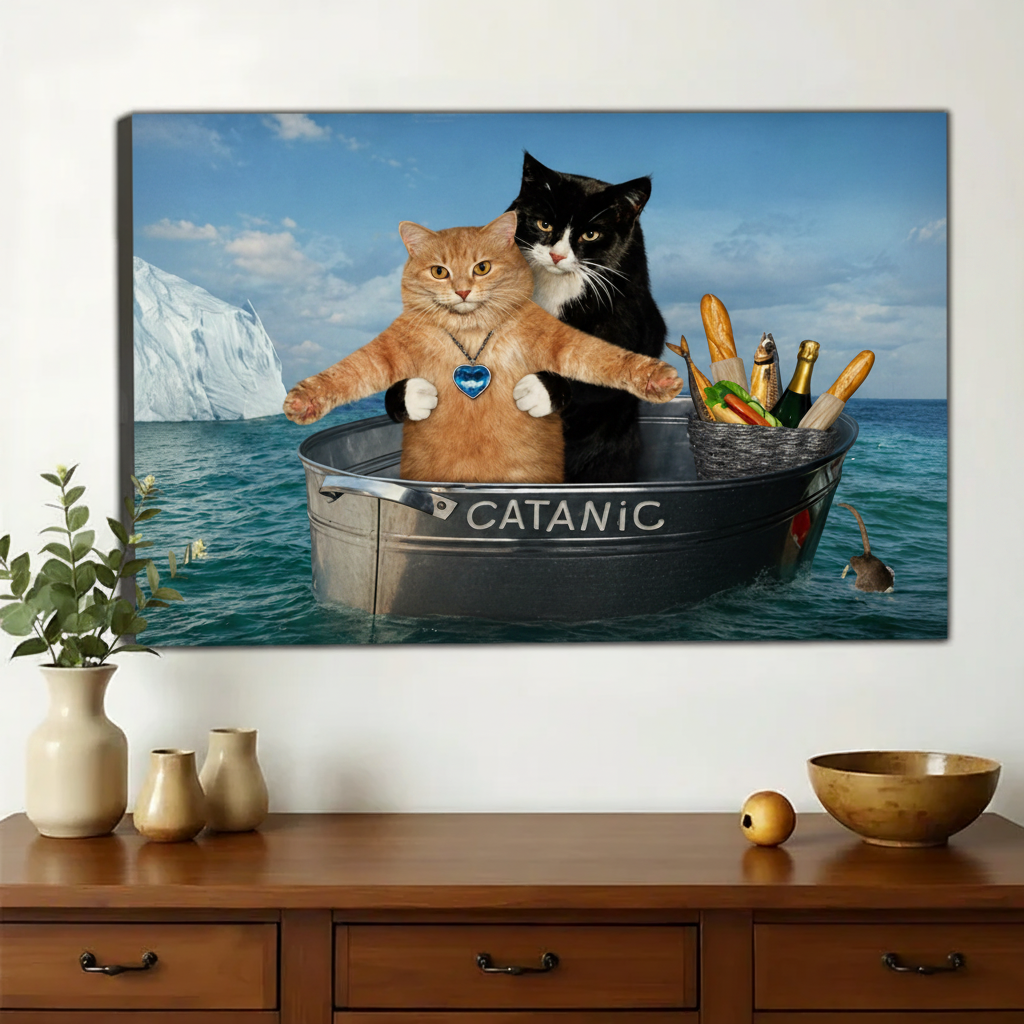 Funny “Catanic” Cat Boat Wall Art – Humorous Ocean Adventure Cat Canvas Print on Natural Wood Frame | W2209