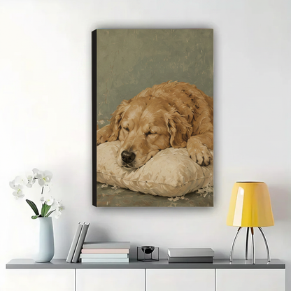 Sleeping Golden Retriever Wall Art – Serene Vintage Oil Painting Dog Canvas Print on Natural Wood Frame | W2276