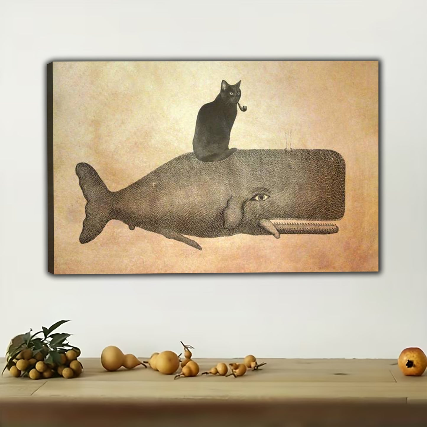 The Whimsical Cat-On-Whale – Playful Fantasy Wall Art on Natural Wood Canvas | W572