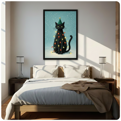 Black framed charming Christmas black cat with glowing green eyes knit holiday hat and colorful string lights wrapped around its body whimsical festive canvas wall art on icy blue snowy background hung in warm sunlight above a dark wood bed with white linen bedding
