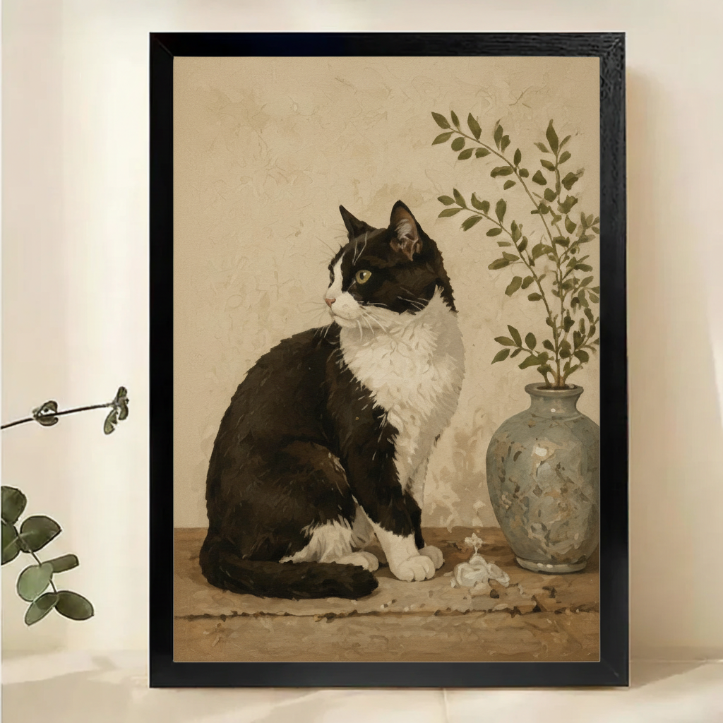 Tuxedo Cat with Ceramic Vase Wall Art – Vintage Botanical Cat Canvas Print on Natural Wood Frame | W2277