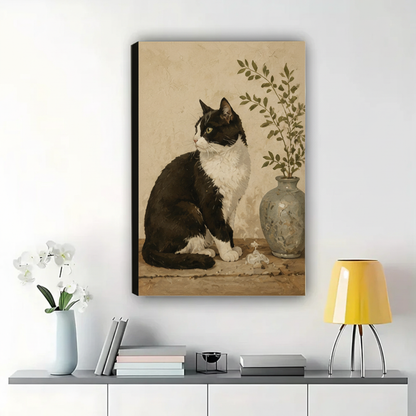 Tuxedo Cat with Ceramic Vase Wall Art – Vintage Botanical Cat Canvas Print on Natural Wood Frame | W2277