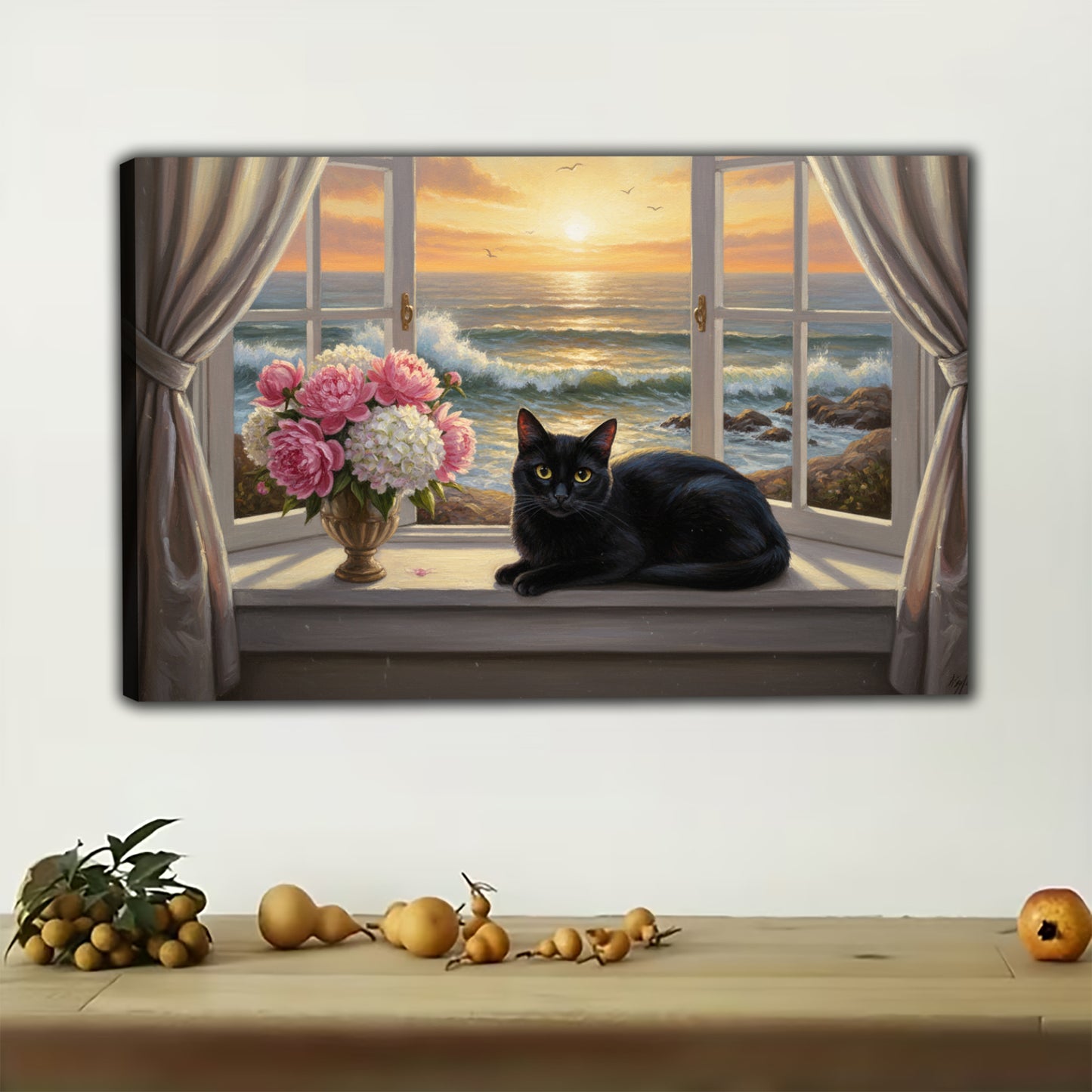 The Cozy Sunset Window Black Cat – Warm Healing Wall Art on Natural Wood Canvas | W573