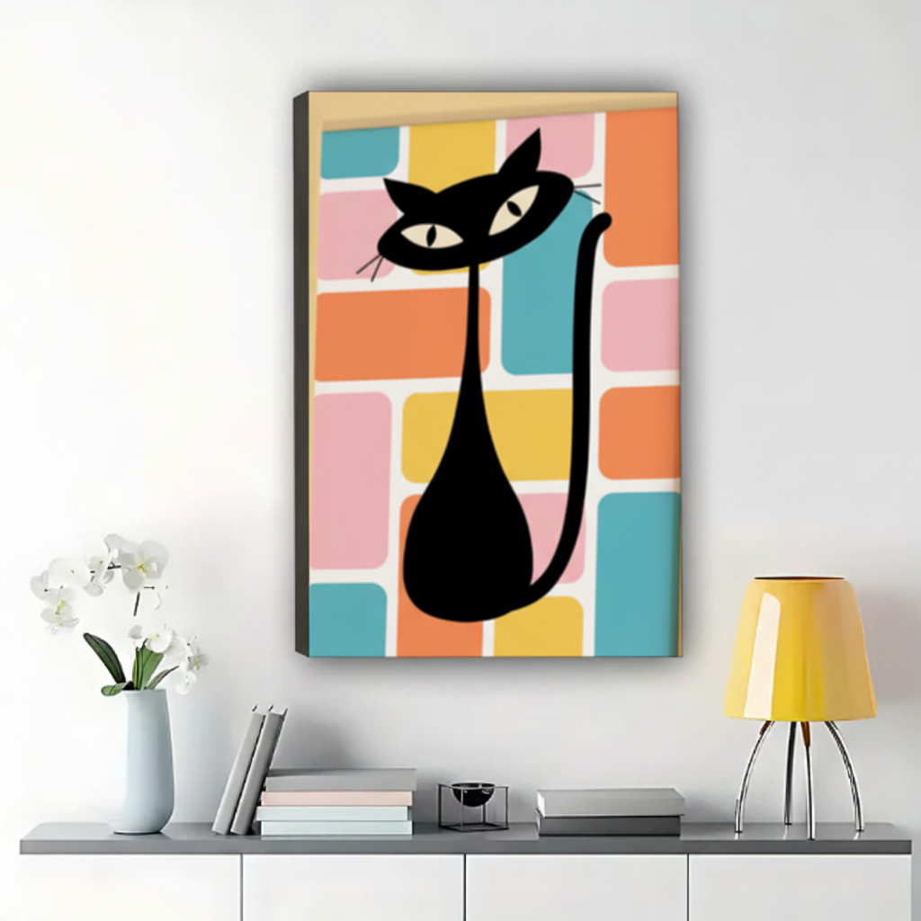 The Bold Geometric Cat – Modern Abstract Wall Art on Natural Wood Canvas|W545