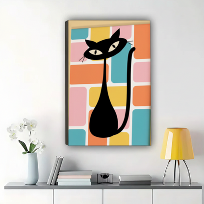 The Bold Geometric Cat – Modern Abstract Wall Art on Natural Wood Canvas|W545