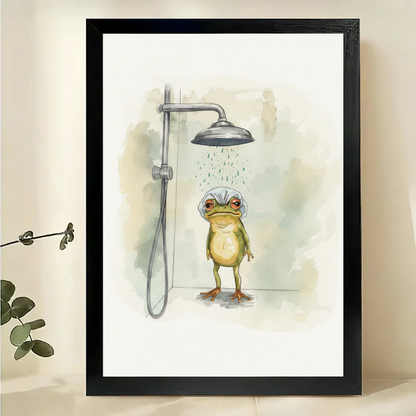 Frog in the Shower Wall Art – Whimsical Watercolour Bathroom Canvas Print on Natural Wood Frame | W2320